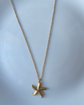 A delicate gold chain necklace featuring a textured gold starfish pendant, displayed against a light blue background.