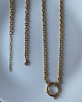 A gold-toned metal chain necklace with a circular ring clasp, laid out on a white surface.