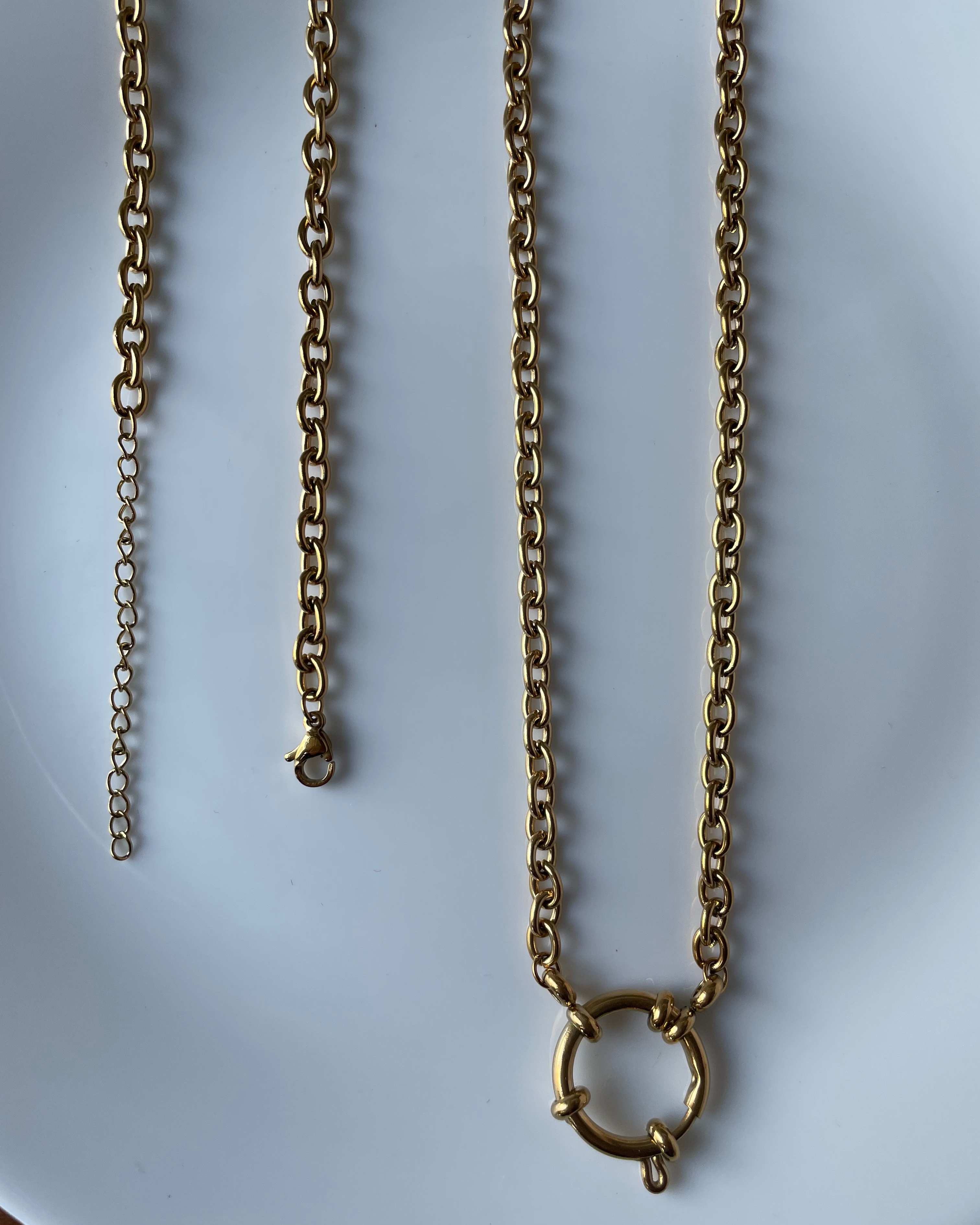 A gold-toned metal chain necklace with a circular ring clasp, laid out on a white surface.