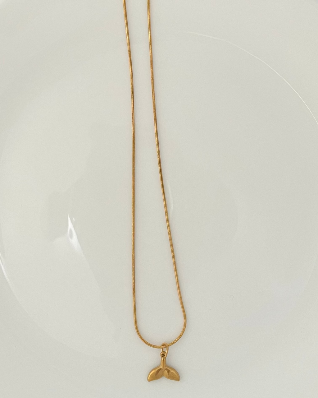 A gold chain necklace with a small gold pendant resting on a white ceramic plate, which is placed on a dark brown wooden table.