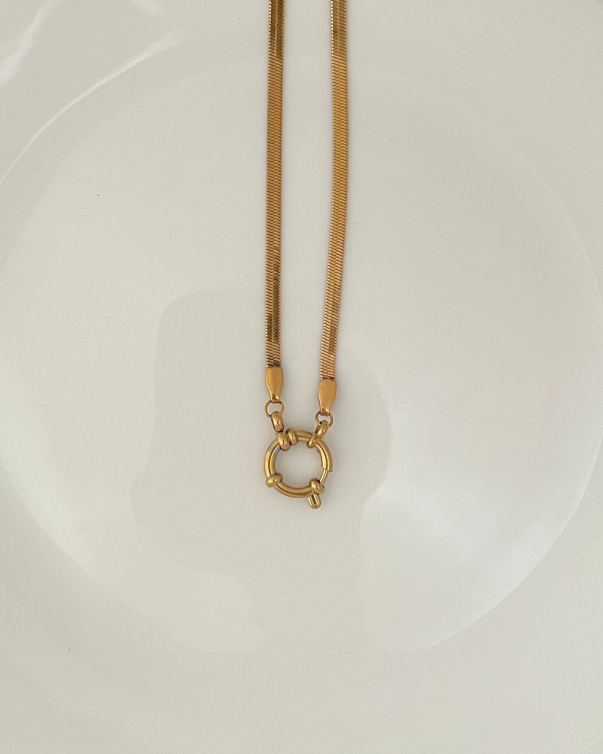 A gold-toned metal necklace with a delicate chain and a small circular ring clasp, laid flat on a large white ceramic plate over a dark brown wooden surface.